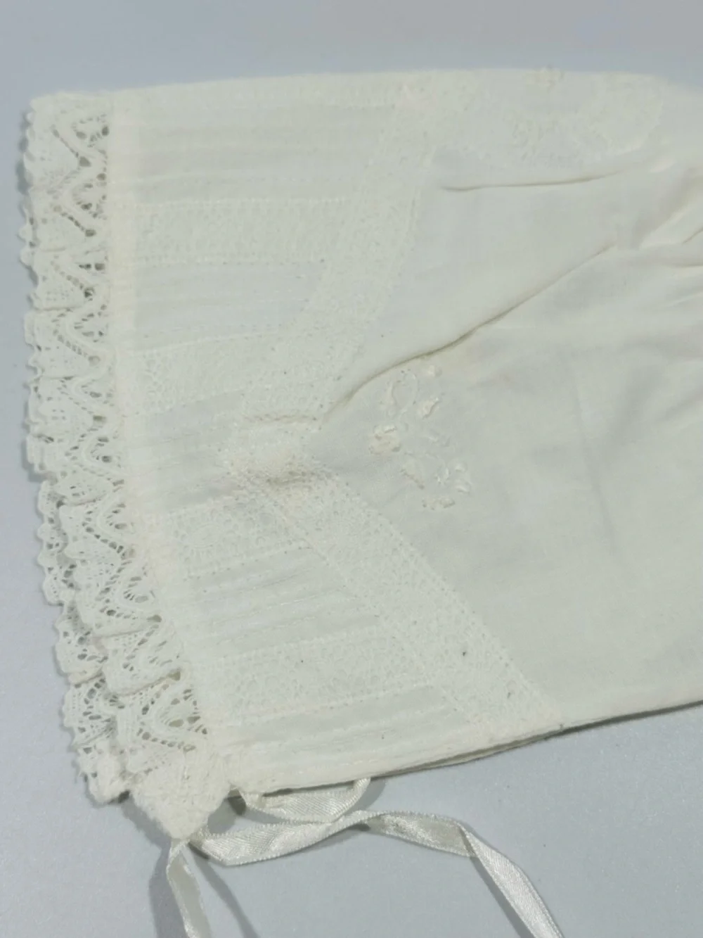 Vintage Rococo White Handmade Lace Baby Bonnet Ribbon Ties Baptism Christening